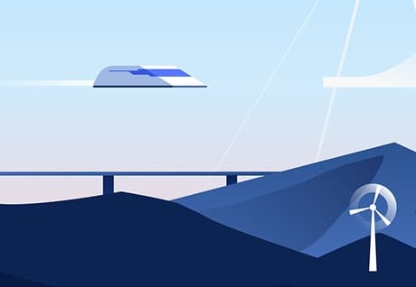 Sketchbook illustration of a bridge, a boat and a wind turbine
